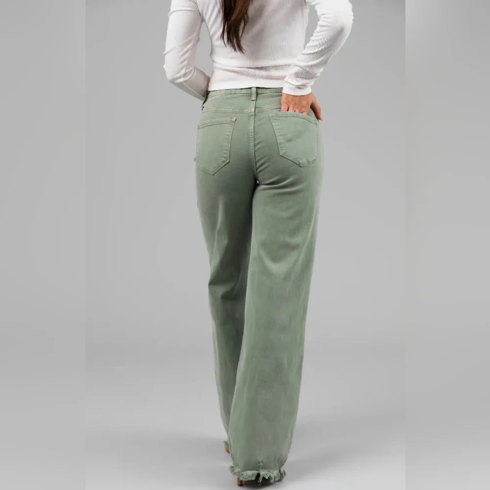 RISEN High Rise Wide Leg Olive Denim Jeans Classic Frayed Hem Size 1/25 NEW - Picture 11 of 15